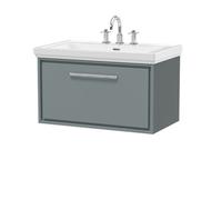 Hudson Reed Lille Matt Wall Hung Single Drawer Vanity Unit and Classic 3 Tap Hole Fireclay Basin | Coastal Grey | MFC | 800mm
