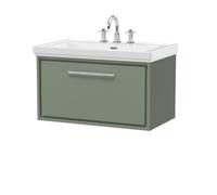 Hudson Reed Lille Matt Wall Hung Single Drawer Vanity Unit and Classic 3 Tap Hole Fireclay Basin | Fern Green | MFC | 800mm