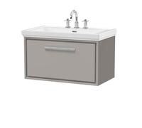 Hudson Reed Lille Matt Wall Hung Single Drawer Vanity Unit and Classic 3 Tap Hole Fireclay Basin | Pebble Grey | MFC | 800mm