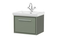 Hudson Reed Lille Matt Wall Hung Single Drawer Vanity Unit and Classic Fireclay Basin | Fern Green | MFC | 600mm