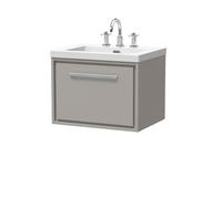 Hudson Reed Lille Matt Wall Hung Single Drawer Vanity Unit and Minimalist 3 Tap Hole Fireclay Basin | Pebble Grey | MFC | 600mm