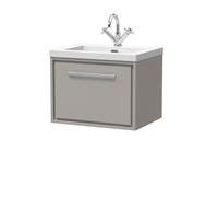 Hudson Reed Lille Matt Wall Hung Single Drawer Vanity Unit and Minimalist Fireclay Basin | Pebble Grey | MFC | 600mm