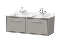 Hudson Reed Lille Matt Wall Hung Single Drawer Vanity Unit with White Marble Countertop and 2 Square Ceramic Basins | Pebble Grey | MFC | 600mm