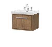 Hudson Reed Lille Woodgrain Wall Hung Single Drawer Vanity Unit and Classic 3 Tap Hole Fireclay Basin | Antique Oak | MFC | 600mm