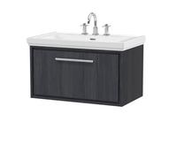 Hudson Reed Lille Wall Hung 1 Drawer Vanity Unit With 3 Tap Hole Basin, Graphite Woodgrain, 498 X 830 mm