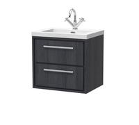 Hudson Reed Lille Wall Hung 2 Drawer Vanity Unit With 1 Tap Hole Basin, Graphite Woodgrain, 584 X 613 mm