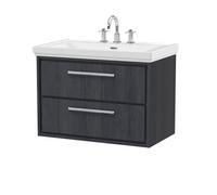 Hudson Reed Lille Woodgrain Wall Hung 2 Drawer Vanity Unit and Classic 3 Tap Hole Fireclay Basin | Graphite Grey | MFC | 800mm