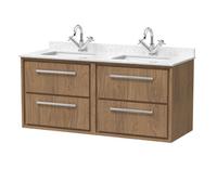 Hudson Reed Lille Wall Hung Four Drawer Contemporary Vanity Unit With Marble Top & Double Basin In Antique Oak, 1220 X 470mm