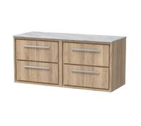 Hudson Reed Lille Woodgrain Wall Hung 4 Drawer Vanity Unit with Grey Marble Worktop | Bleached Oak | MFC | 1200mm