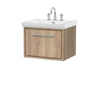 Hudson Reed Lille Woodggrain Wall Hung Single Drawer Vanity Unit and Classic 3 Tap Hole Fireclay Basin | Bleached Oak | MFC | 600mm