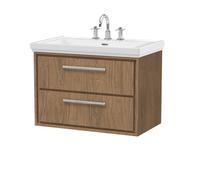 Hudson Reed Lille Woodgrain Wall Hung 2 Drawer Vanity Unit and Classic 3 Tap Hole Fireclay Basin | Antique Oak | MFC | 800mm