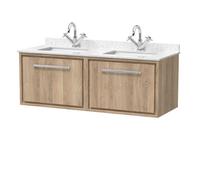 Hudson Reed Lille Wall Hung Two Drawer Contemporary Vanity Unit With Marble Top & Double Basin In Bleached Oak, 1220 X 470mm