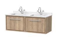Hudson Reed Lille Woodggrain Wall Hung 2 Drawer Vanity Unit with White Marble Countertop and 2 Square Ceramic Basins | Bleached Oak | MFC | 1200mm