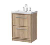 Hudson Reed Lille Woodgrain 2 Drawer Vaniey Unit and Minimalist 3 Tap Hole Fireclay Basin | Bleached Oak | MFC | 600mm