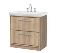 Hudson Reed Lille Woodgrain 2 Drawer Vanity Unit and Classic 3 Tap Hole Fireclay Basin | Bleached Oak | MFC | 800mm