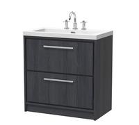 Hudson Reed Lille Woodgrain 2 Drawer Vanity Unit and Minimalist 3 Tap Hole Fireclay Basin | Graphite Grey | MFC | 800mm