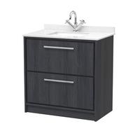 Hudson Reed Lille Woodgrain 2 Drawer Vanity Unit and White Marble Coutnertop with a Square Ceramic Basin | Graphite Grey | MFC | 800mm