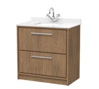 Hudson Reed Lille Woodgrain 2 Drawer Vanity Unit and White Marble Coutnertop with a Square Ceramic Basin | Antique Oak | MFC | 800mm
