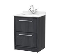 Hudson Reed Lille Woodgrain 2 Drawer Vanity Unit and White Marble Coutnertop with a Square Ceramic Basin | Graphite Grey | MFC | 600mm