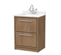 Hudson Reed Lille Woodgrain 2 Drawer Vanity Unit and White Marble Coutnertop with a Square Ceramic Basin | Antique Oak | MFC | 600mm