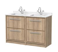 Hudson Reed Lille Woodgrain 4 Drawer Vaniey Unit with White Marble Coutnertop and 2 Square Ceramic Basins | Bleached Oak | MFC | 1200mm