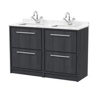 Hudson Reed Lille Woodgrain 4 Drawer Vanity Unit with White Marble Coutnertop and 2 Square Ceramic Basins | Graphite Grey | MFC | 1200mm