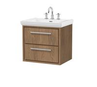Hudson Reed Lille Woodgrain Wall Hung 2 Drawer Vanity Unit and Classic 3 Tap Hole Fireclay Basin | Antique Oak | MFC | 600mm