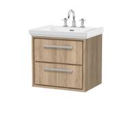 Hudson Reed Lille Woodgrain Wall Hung 2 Drawer Vanity Unit and Classic 3 Tap Hole Fireclay Basin | Bleached Oak | MFC | 600mm