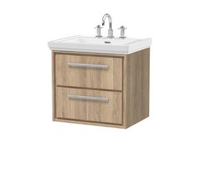 Hudson Reed Lille Woodgrain Wall Hung 2 Drawer Vanity Unit and Classic 3 Tap Hole Fireclay Basin | Bleached Oak | MFC | 600mm