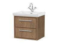 Hudson Reed Lille Woodgrain Wall Hung 2 Drawer Vanity Unit and Classic Fireclay Basin | Antique Oak | MFC | 600mm