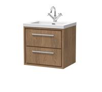 Hudson Reed Lille Woodgrain Wall Hung 2 Drawer Vanity Unit and Minimalist Fireclay Basin | Antique Oak | MFC | 600mm