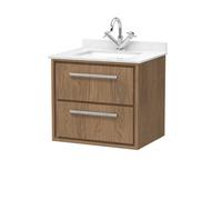 Hudson Reed Lille Woodgrain Wall Hung 2 Drawer Vanity Unit and White Marble Countertop with a Square Ceramic Basin | Antique Oak | MFC | 600mm