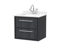 Hudson Reed Lille Woodgrain Wall Hung 2 Drawer Vanity Unit and White Marble Countertop with a Square Ceramic Basin | Graphite Grey | MFC | 600mm