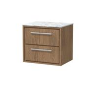 Hudson Reed Lille Woodgrain Wall Hung 2 Drawer Vanity Unit with Carrera Marble Worktop | Antique Oak | MFC | 600mm