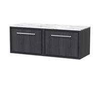 Hudson Reed Lille Woodgrain Wall Hung 2 Drawer Vanity Unit with Carrera Marble Worktop | Graphite Grey | MFC | 1200mm