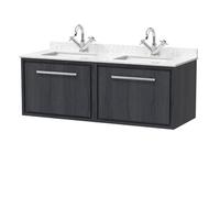 Hudson Reed Lille Woodgrain Wall Hung 2 Drawer Vanity Unit with White Marble Countertop and 2 Square Ceramic Basins | Graphite Grey | MFC | 1200mm