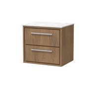 Hudson Reed Lille Woodgrain Wall Hung 2 Drawer Vanity Unit with White Marble Worktop | Antique Oak | MFC | 600mm