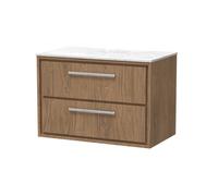 Hudson Reed Lille Woodgrain Wall Hung 2 Drawer Vanity Unit with White Marble Worktop | Antique Oak | MFC | 800mm