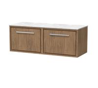 Hudson Reed Lille Woodgrain Wall Hung 2 Drawer Vanity Unit with White Marble Worktop | Antique Oak | MFC | 1200mm