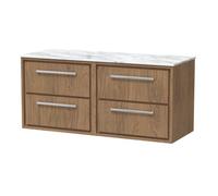 Hudson Reed Lille Woodgrain Wall Hung 4 Drawer Vanity Unit with Carrera Marble Worktop | Antique Oak | MFC | 1200mm
