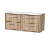 Hudson Reed Lille Woodgrain Wall Hung 4 Drawer Vanity Unit with Carrera Marble Worktop | Bleached Oak | MFC | 1200mm