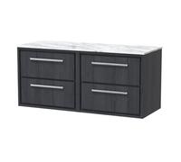 Hudson Reed Lille Woodgrain Wall Hung 4 Drawer Vanity Unit with Carrera Marble Worktop | Graphite Grey | MFC | 1200mm