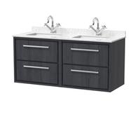 Hudson Reed Lille Woodgrain Wall Hung 4 Drawer Vanity Unit with White Marble Countertop and 2 Square Ceramic Basins | Graphite Grey | MFC | 1200mm