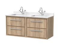 Hudson Reed Lille Woodgrain Wall Hung 4 Drawer Vanity Unit with White Marble Countertop and 2 Square Ceramic Basins | Bleached Oak | MFC | 1200mm