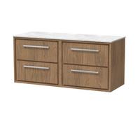 Hudson Reed Lille Woodgrain Wall Hung 4 Drawer Vanity Unit with White Marble Worktop | Antique Oak | MFC | 1200mm