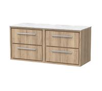 Hudson Reed Lille Woodgrain Wall Hung 4 Drawer Vanity Unit with White Marble Worktop | Bleached Oak | MFC | 1200mm
