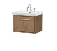 Hudson Reed Lille Woodgrain Wall Hung Single Drawer Vanity Unit and Classic 3 Tap Hole Fireclay Basin | Antique Oak | MFC | 600mm
