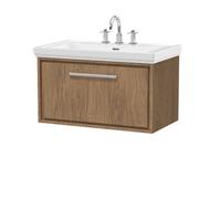 Hudson Reed Lille Woodgrain Wall Hung Single Drawer Vanity Unit and Classic 3 Tap Hole Fireclay Basin | Antique Oak | MFC | 800mm