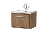 Hudson Reed Lille Woodgrain Wall Hung Single Drawer Vanity Unit and Minimalist Fireclay Basin | Antique Oak | MFC | 600mm