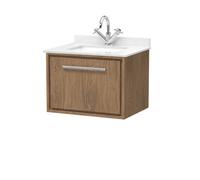 Hudson Reed Lille Woodgrain Wall Hung Single Drawer Vanity Unit and White Marble Countertop with a Square Ceramic Basin | Antique Oak | MFC | 600mm